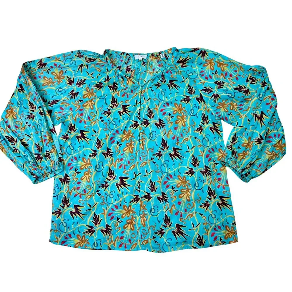 ALC Tropical Cotton Blouse Balloon Sleeve Turquoise 12 Resort Vacation Cruise - Picture 3 of 16